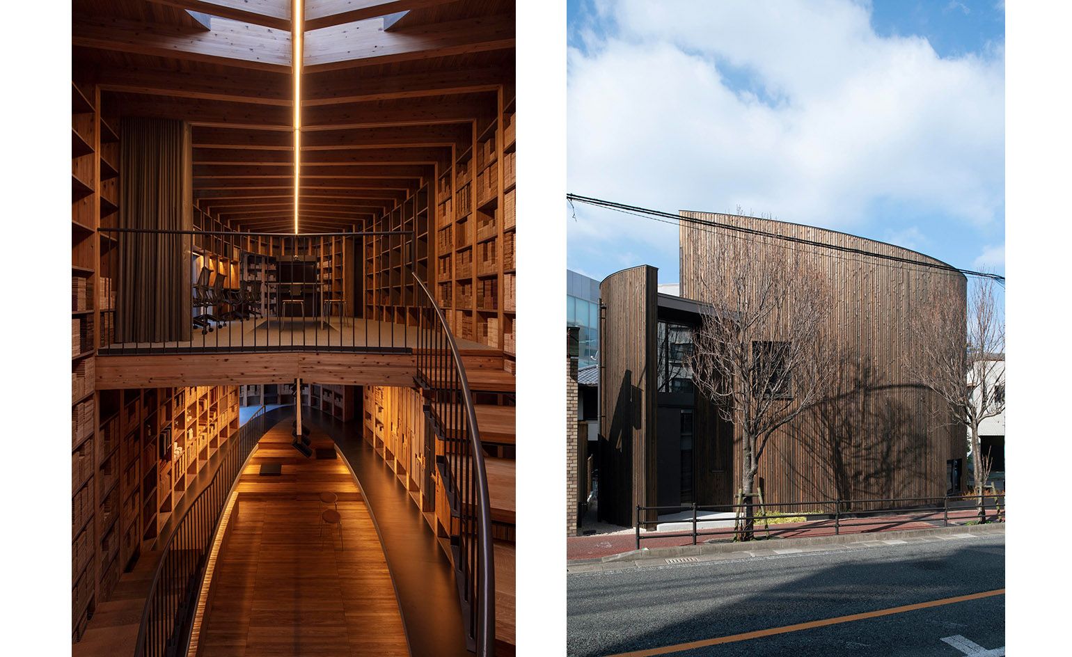 the office and showroom for Maruhon in Fukuoka is a curved wooden structure