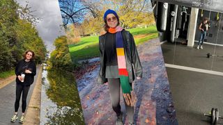 Photographs of Grace Walsh walking along a canal with coffee cup in hand, in a leafy park, and at the gym