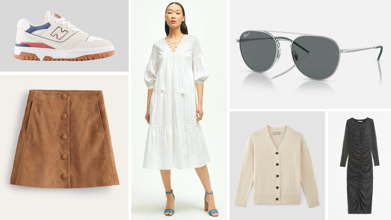 Collage of boden skirt, new balance sneakers, ray-ban sunglasses, brooks brothers dress, everlane sweater, abercrombie dress