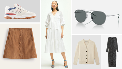 Collage of boden skirt, new balance sneakers, ray-ban sunglasses, brooks brothers dress, 