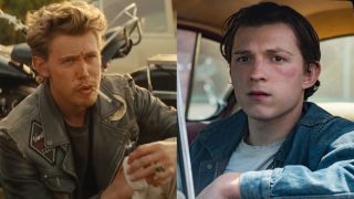 Austin Butler smoking in The Bikeriders/Tom Holland sitting in a car in Devil all the Time