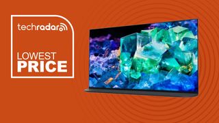 The Sony A95K TV on an orange background with white lowest price text