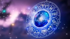 Zodiac signs inside of horoscope circle. Astrology in the sky with many stars and moons astrology and horoscopes concept