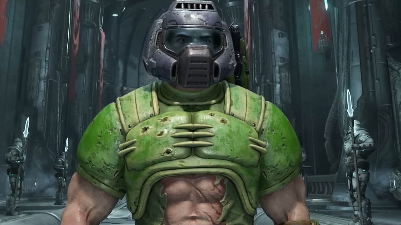 Screenshot of Doomguy approaching camera in Doom Eternal with tummy window visible.