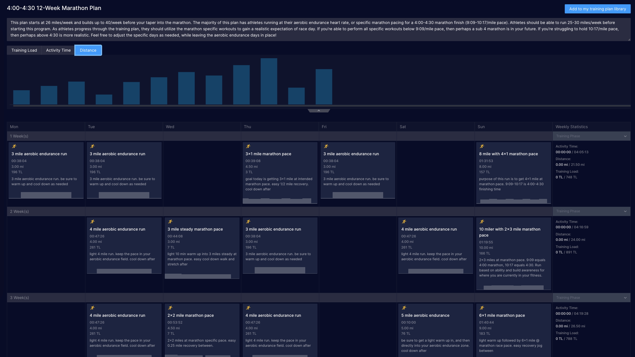 A COROS training hub web page showing a 12-week marathon training calendar, with a month of training runs visible, each with a description of the type and intensity.