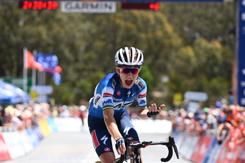 WILLUNGA HILL AUSTRALIA JANUARY 14 Sarah Gigante of Australia and AG Insurance Soudal Team celebrates at finish line as stage winner during the 8th Santos Womens Tour Down Under 2024 Stage 3 a 934km stage from Adelaide to Willunga Hill 370m UCIWWT on January 14 2024 in Willunga Hill Australia Photo by Tim de WaeleGetty Images