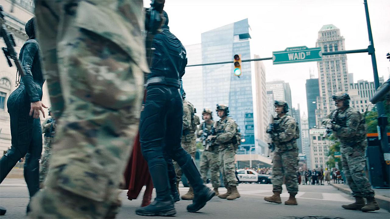 Superman being arrested on Waid Avenue in 2025's Superman movie