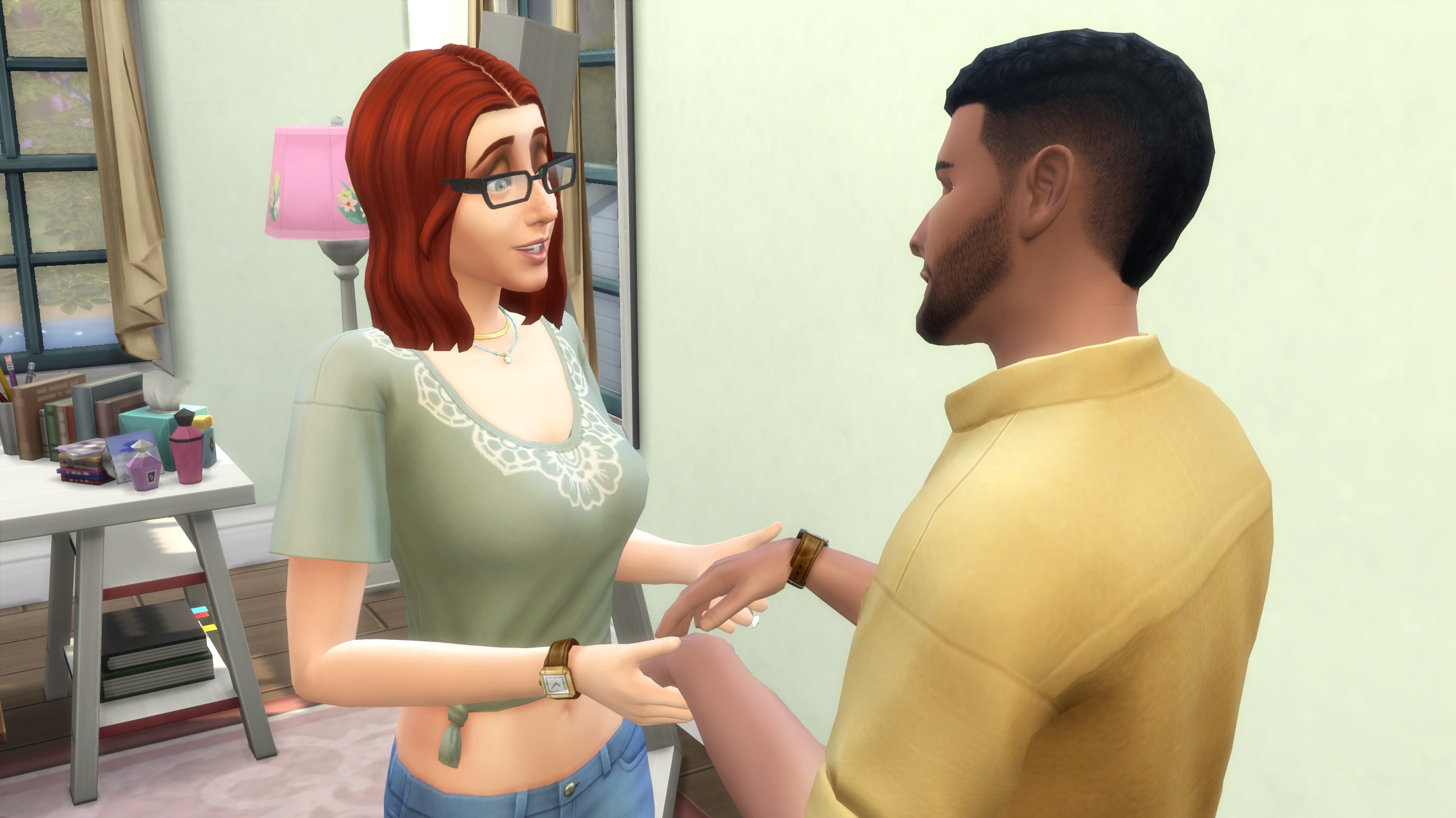 The Sims 4 - Bob and Eliza Pancakes hold hands lovingly.