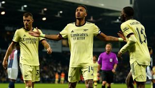 Arsenal’s Pierre-Emerick Aubameyang celebrates scoring their side’s fifth goal of the game during the Carabao Cup second round match at The Hawthorns, West Bromwich. Picture date: Wednesday August 25, 2021