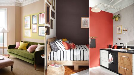 light pink living room, dark purple bedroom, bright red kitchen