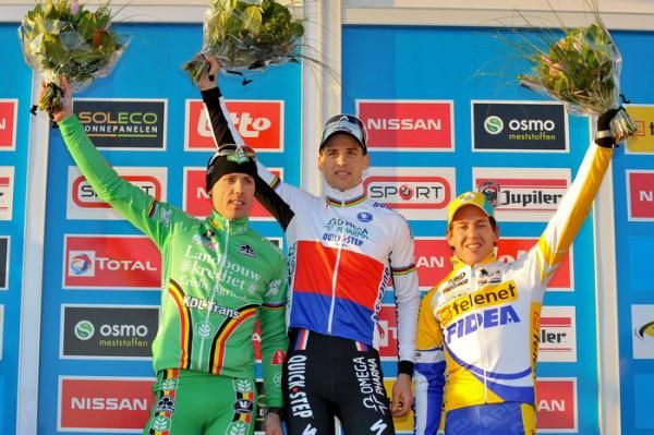 Men's podium (l-r): Sven Nys, 2nd; Zdenek Stybar, 1st; Tom Meeusen, 3rd