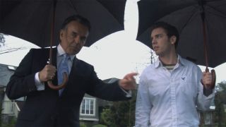 Sam with an umbrella on Reaper, the CW.