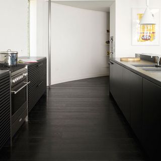 Kitchen with white walls and wooden flooring