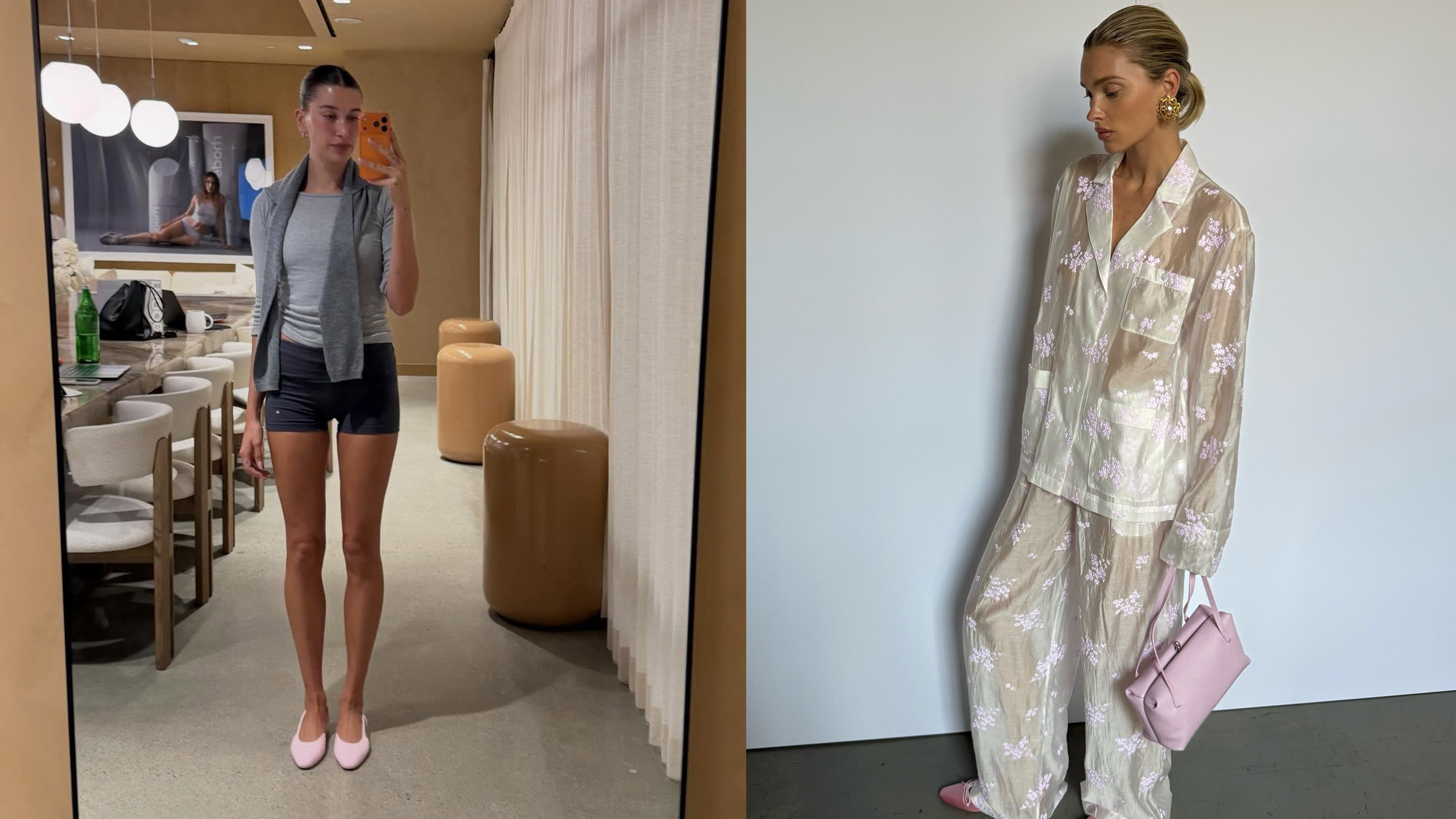 Hailey Bieber and Elsa Hosk wear baby pink flat shoes.