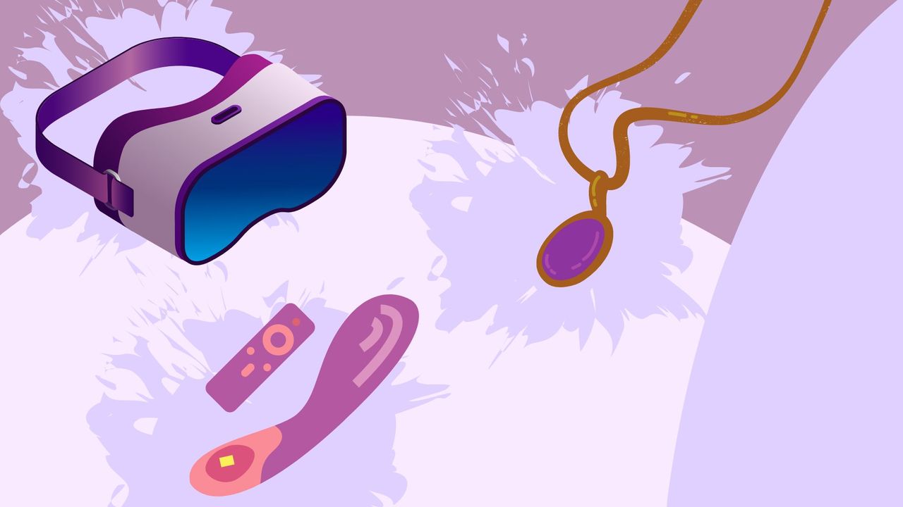 A collage including VR headset, necklace and remote control vibrator to represent new sex toys