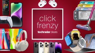 The words 'Click Frenzy' are in the centre, with popular tech products surrounding it including iPhones, LG OLED TVs and a Dyson cordless vacuum