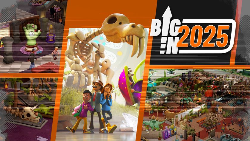 Big in 2025 Two Point Museum montage, showing a family in front of a fossil, more fossils, a zoomed out museum, and a haunted hand