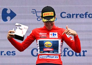 BARCELONA SPAIN MAY 04 Ellen van Dijk of Netherlands and Team Lidl Trek celebrates at podium as Red Leader Jersey winner during the 11th La Vuelta Femenina 2025 Stage 1 a 81km team time trial stage from Barcelona to Barcelona UCIWWT on May 04 2025 in Barcelona Spain Photo by Szymon GruchalskiGetty Images