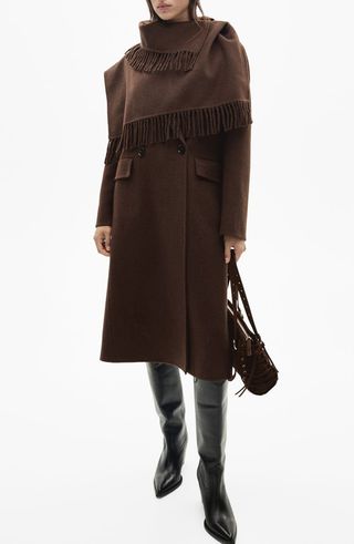 Wool Blend Coat With Fringed Scarf