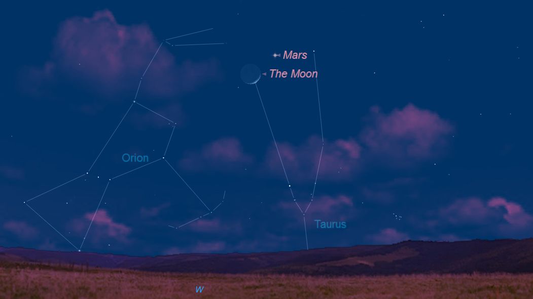 This sky map shows where to find the moon and Mars when they make a close approach in the night sky on Tuesday (May 7) at 8:21 p.m. EDT (0021 GMT), as seen from New York City.