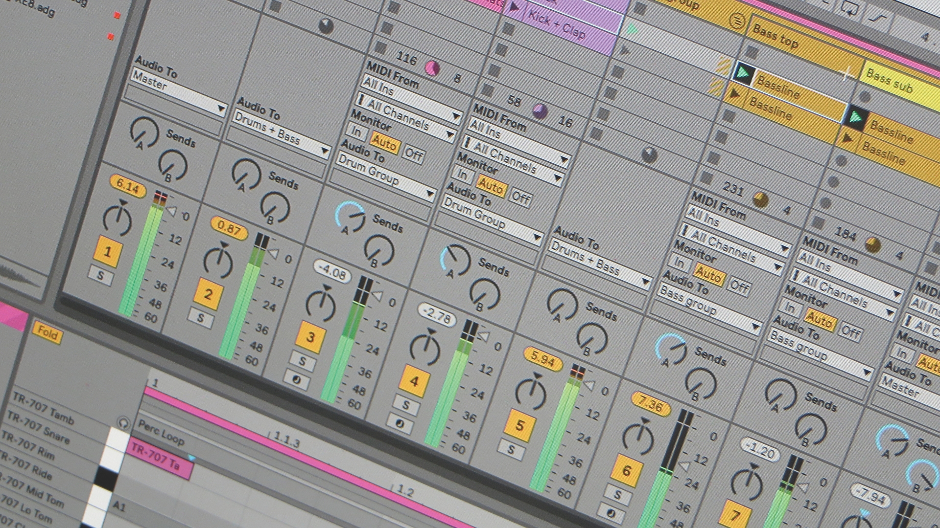 A close up of the faders in the Ableton Live DAW