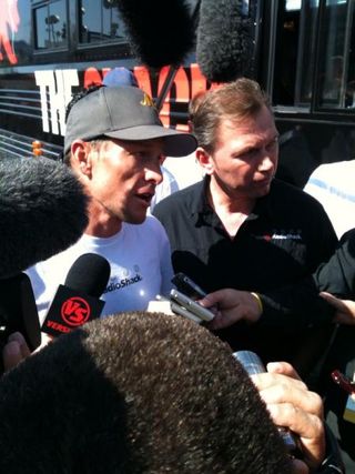 Lance Armstrong responds to media questions about Floyd Landis