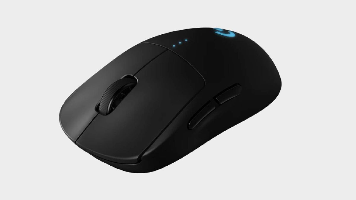 Logitech G Pro wireless gaming mouse on a grey background