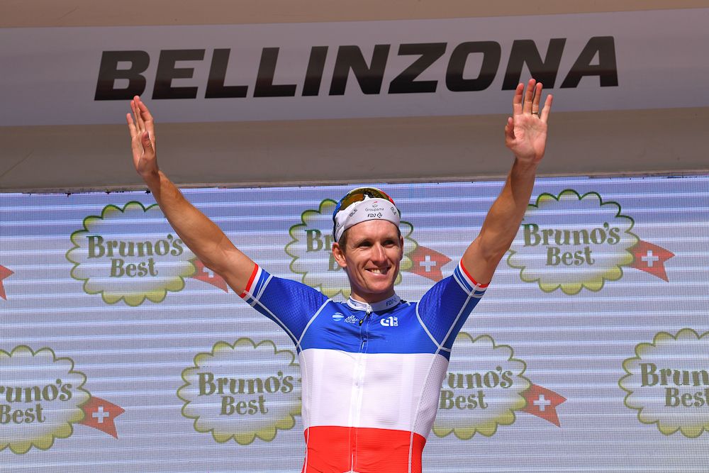 Arnaud Demare on the Tour de Suisse podium after winning stage 8