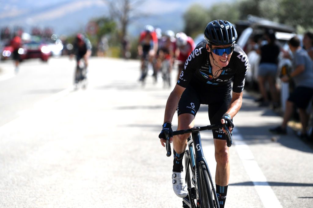 PICO VILLUERCAS SPAIN AUGUST 28 Romain Bardet of France and Team DSM attacks in breakaway during the 76th Tour of Spain 2021 Stage 14 a 1657km stage from Don Benito to Pico Villuercas 1580m lavuelta LaVuelta21 on August 28 2021 in Pico Villuercas Spain Photo by Tim de WaeleGetty Images
