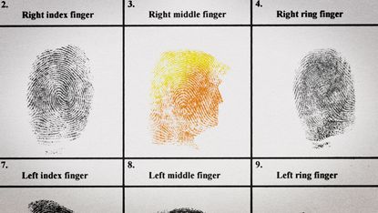 Fingerprint card with a fingerprint in the shape of Donald Trump