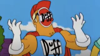 Duffman can't breathe with Duff sticker over his mouth in The Simpsons