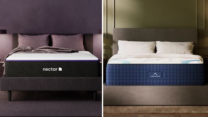 On the left, the Nectar Premier Hybrid Mattress against a purple wall; on the right, the DreamCloud Luxury Hybrid Mattress against a green wall.