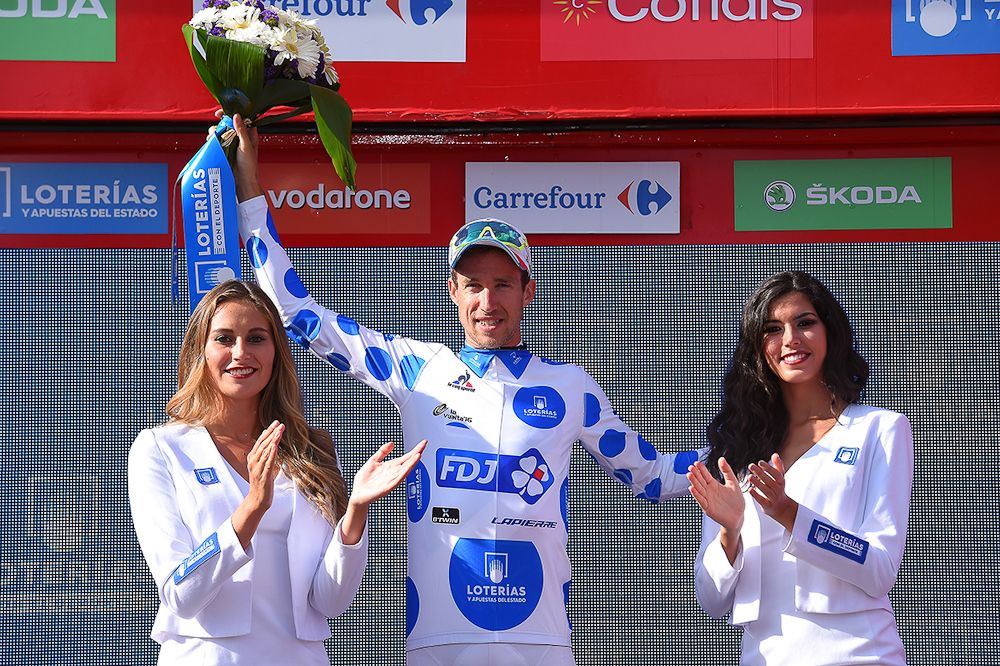 Alexandre Geniez in the mountains jersey on the stage 7 podium