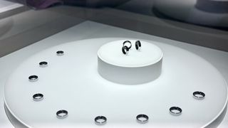 Multiple Samsung Galaxy Rings in a display case at MWC