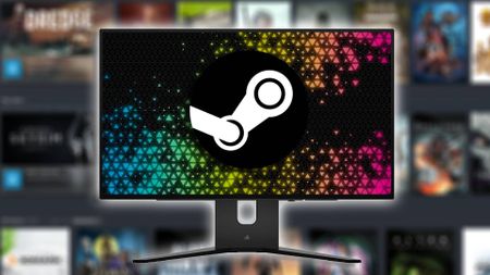 Corsair Xeneon 1440 gaming monitor with Steam logo on screen and blurred library in backdrop