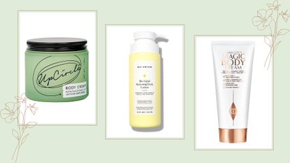 A collage of three of the best body creams for dry skin on a pale green background.