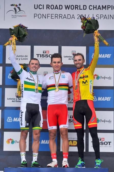 Simon Gerrrans (Australia), Michal Kwiatkowski (Poland) and perennial podium getter Alejandro Valverde (Spain)