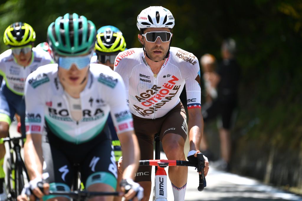 ALPE DI MERA VALSESIA ITALY MAY 28 Larry Warbasse of United States and AG2R Citren Team in breakaway during the 104th Giro dItalia 2021 Stage 19 a 166km stage from Abbiategrasso to Alpe di Mera Valsesia 1531m Stage modified due to the tragic events on May the 23rd 2021 that involved the Mottarone Cableway UCIworldtour girodiitalia Giro on May 28 2021 in Alpe di Mera Valsesia Italy Photo by Tim de WaeleGetty Images