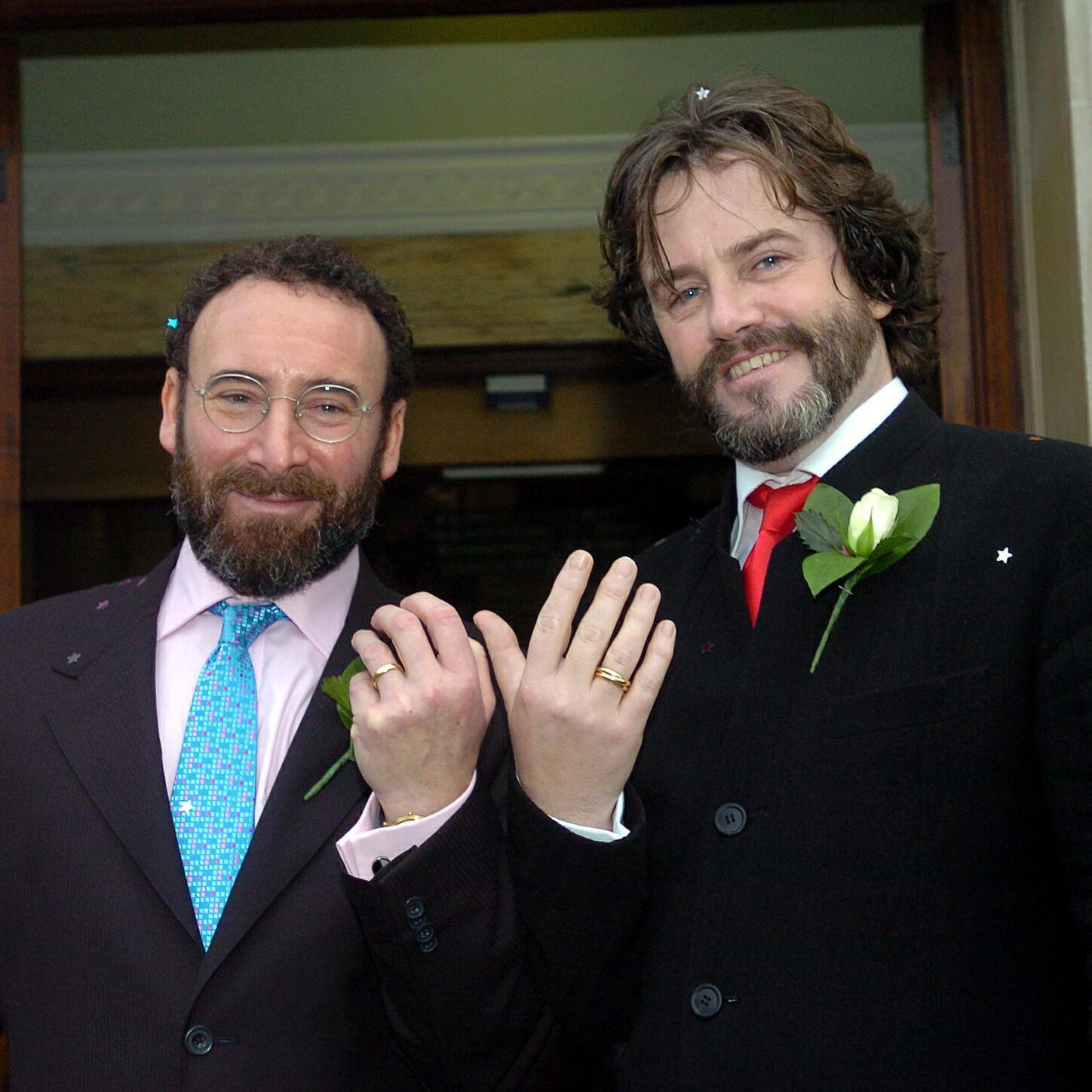 Antony Sher with Gregory Doran outside Islington Town Hall, North London, after their civil partnership ceremony in 2005.