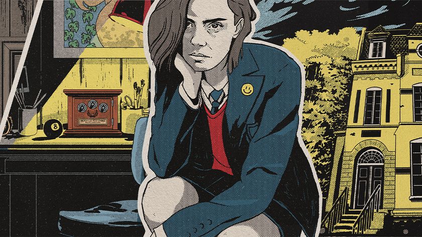 Your House indie game art interview; A stylised illustration depicts a young woman seated, seemingly contemplative, in a setting that combines elements of a comic book panel and a vintage aesthetic