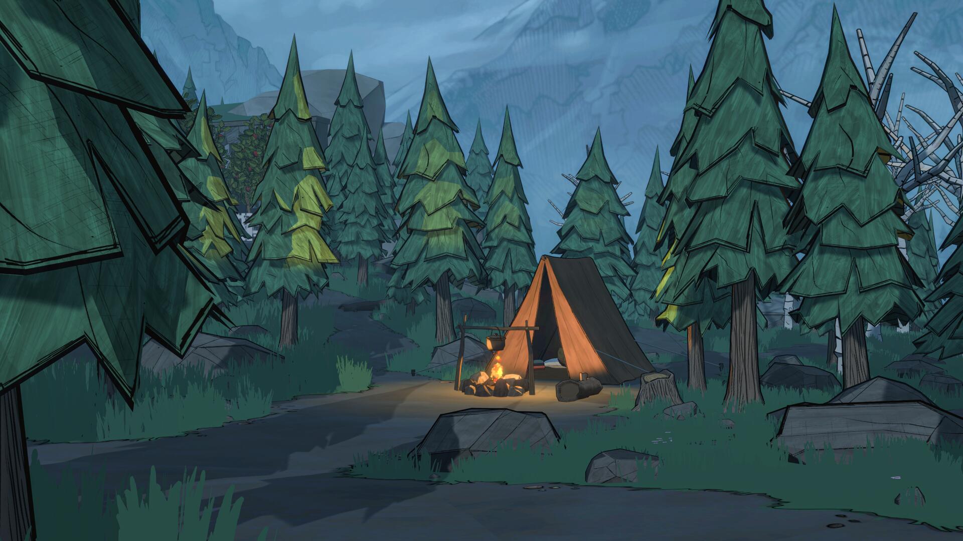 A camping tent in the woods in in Blue Prince