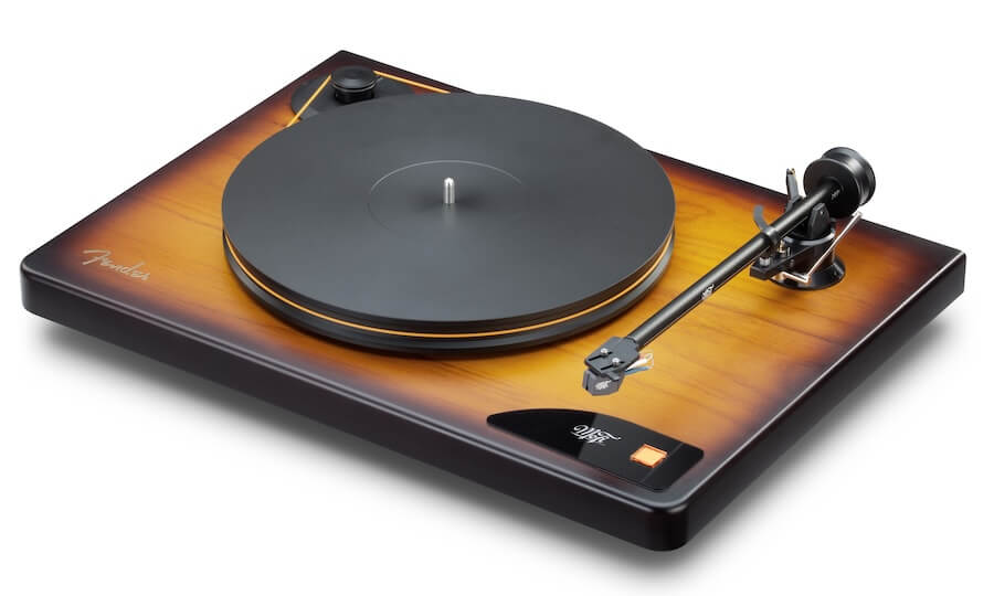 MoFi Fender American Vintage turntable, made to resemble a sunburst Fender Stratocaster guitar