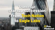 The words &lsquo;Transcript: Startup succession: From Tech Nation to Eagle Labs&rsquo; with &lsquo;Tech Nation&rsquo; and &lsquo;Eagle Labs&rsquo; in yellow and the rest in white against a blurry London skyline