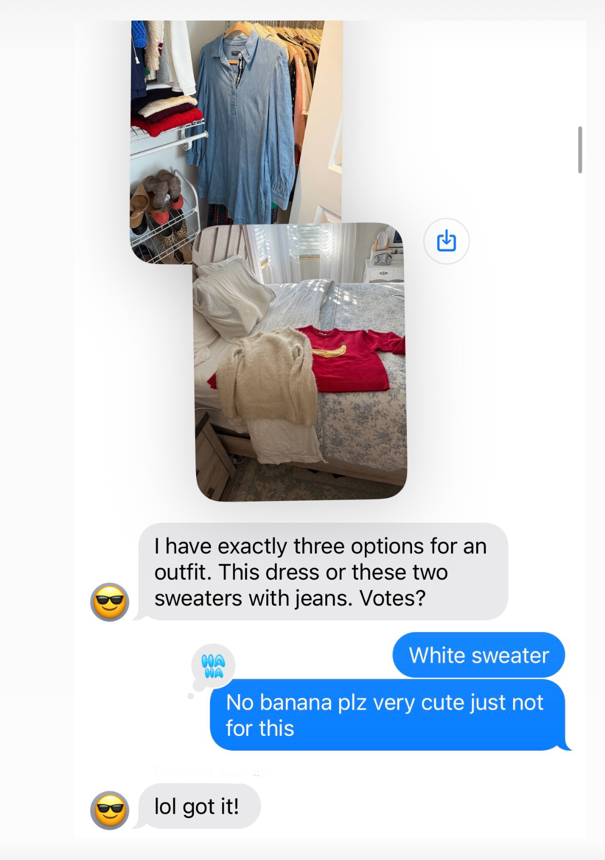 a screenshot of texts discussing what to wear to a high school reunion