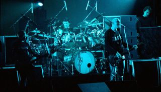 (from left) Smashing Pumpkins' D'Arcy Wretzky, Jimmy Chamberlin, Billy Corgan and Jonathan Melvoin perform at Wembley Arena on May 14, 1996 in London