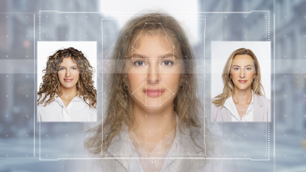 Women&#039;s face being scanned by facial recognition software with two Ai generated alternative versions using different hairstyles 