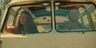 jessica rothe and callum kerr as mel's parents in flashbacks as they ride in a van together in virgin river season 6