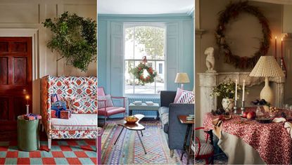 Christmas wreath ideas. Cozy living room with wreath on wall. Blue living room with wreath in window. Cozy dining room with large wreath on wall above fireplace.