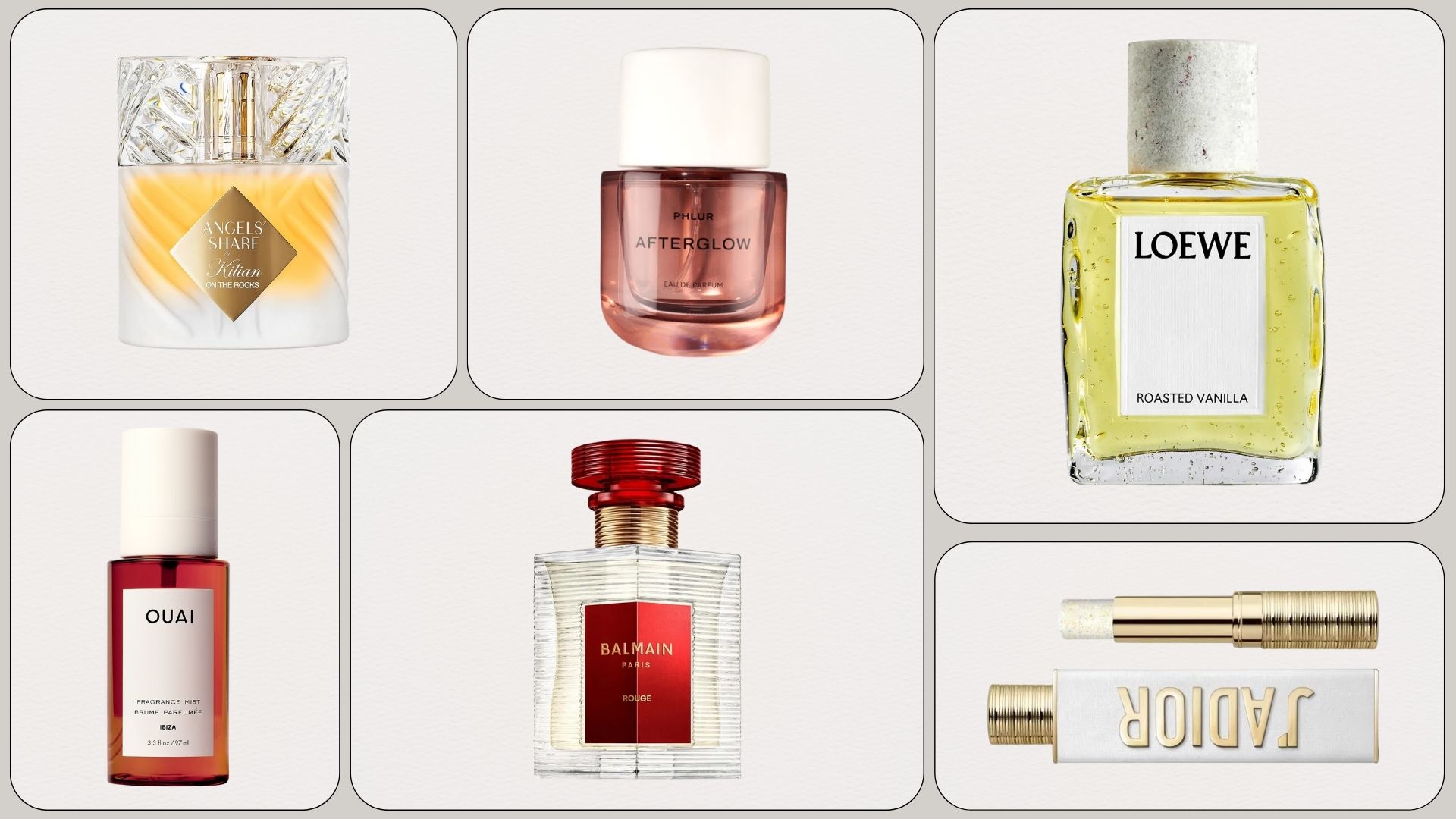 A collage of new perfumes from Kilian, Phlur, Loewe, Ouai, Balmain and Dior