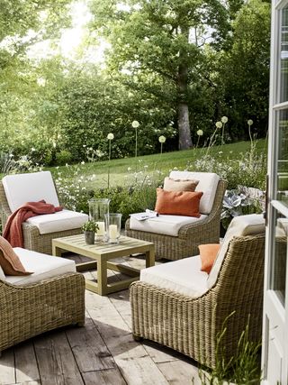 Relaxed outdoor lounging area with bright cushioning